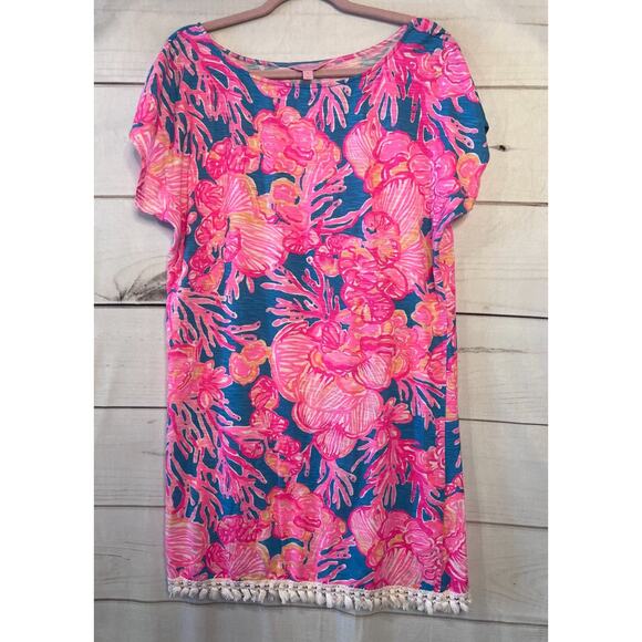 Lilly Pulitzer Size SM Dress Short Sleeve Blue Pink Print Tasseles Bottom - Picture 1 of 6